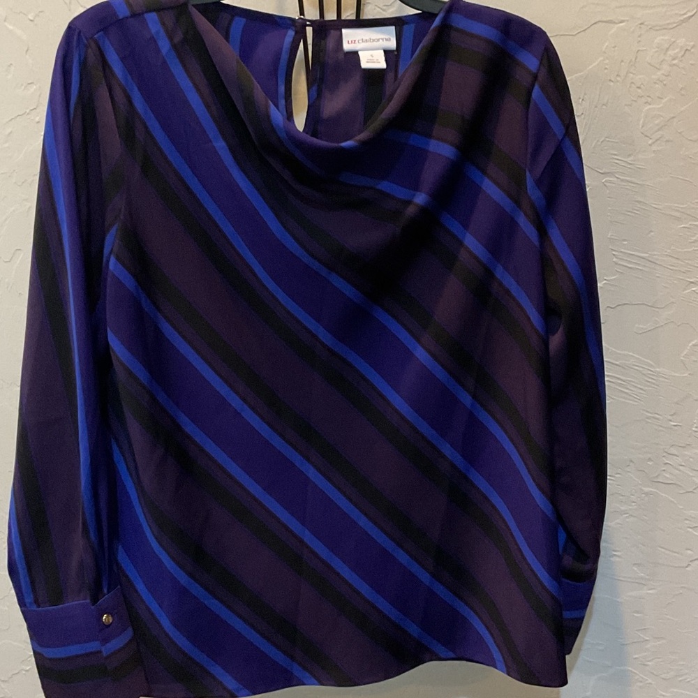 Liz Claiborne Navy and Royal Blue Diagonal Stripe Cowl Neck Blouse